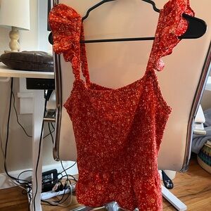 Madewell Red Floral Smocked Ruffle Sleeve Tank